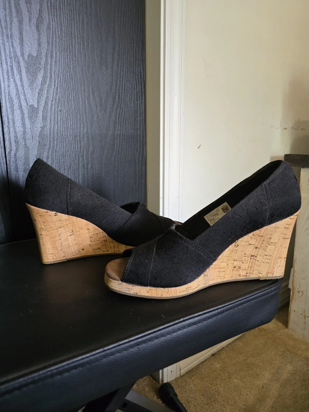 TOMS Black Cork Wedge Peep-Toe Shoes